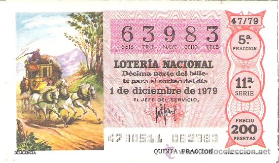 Nationale spanische Lotterie: 1 DECIMO LOTERIA SABADO - 1 DICIEMBRE 1979 - 47/79 - DILIGENCIA - CARRO CABALLOS ( COLOR ROJO