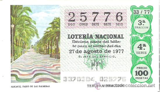 Nationale spanische Lotterie: 1 DECIMO LOTERIA SABADO - 27 AGOSTO 1977 - 33/77 - PASEO DE LAS PALMERAS ( ALICANTE - VERDE CLARO