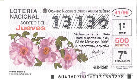 Lotaria Nacional: 1 DECIMO LOTERIA DEL JUEVES - 23 MAYO 1996 - 41/96 - FLORA - FLORES Y PLANTAS - PEONIA ARBOREA