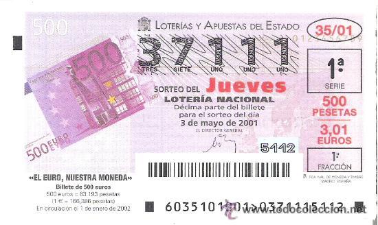 National Spanish Lottery: 1 DECIMO LOTERIA DEL JUEVES - 3 MAYO 2001 - 35/01 - EL EURO NUESTRA MONEDA - BILLETE DE 500 EUROS
