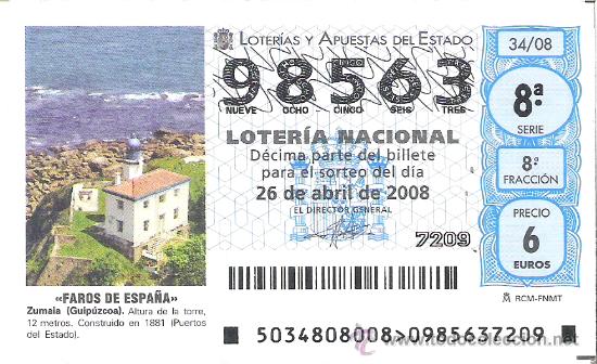 Loterie Nationale: 1 DECIMO LOTERIA DEL SABADO - 26 ABRIL 2008 - 34/08 - FAROS DE ESPA&Ntilde;A - ZUMAIA ( GUIPUZCOA )