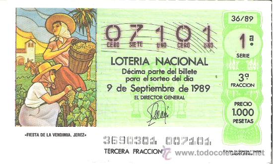 Nationale spanische Lotterie: 1 DECIMO LOTERIA SABADO - 9 SEPTIEMBRE 1989 - 36/89 - FIESTA DE LA VENDIMIA JEREZ FRONTERA ( XEREZ )
