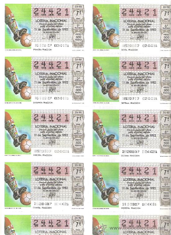 Loter&iacute;a nacional: 1 BILLETE LOTERIA DEL SABADO - 11 SEPTIEMBRE 1982 - 35/82 - CARTEL COPA MUNDIAL FUTBOL BRASIL 1950
