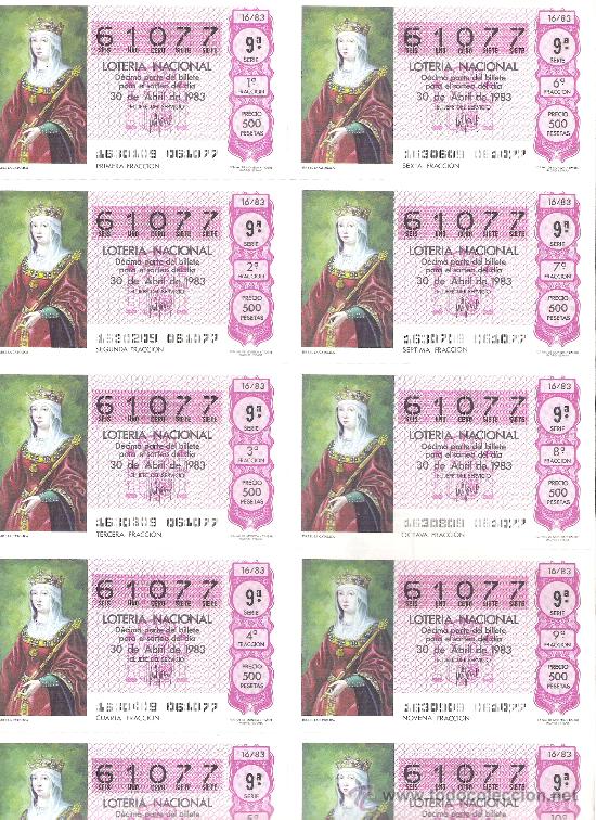 Loterie Nationale: 1 BILLETE LOTERIA DEL SABADO - 30 ABRIL 1983 - 16/83 - ISABEL LA CATOLICA