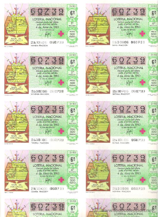 National Spanish Lottery: 1 BILLETE LOTERIA DEL SABADO - 4 JUNIO 1983 - 21/83 - CRUZ ROJA - MAPA DE TOSCANELLI