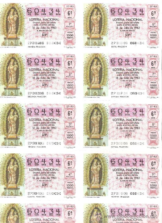 Nationale spanische Lotterie: 1 BILLETE LOTERIA DEL SABADO - 16 JULIO 1983 - 27/83 - VIRGEN DE LOS MILAGROS DE LA RABIDA ( HUELVA