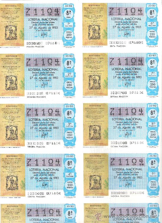 Nationale spanische Lotterie: 1 BILLETE LOTERIA DEL SABADO - 27 AGOSTO 1983 - 33/83 - PORTADA DE LA HISTORIA DE FERNANDO COLON
