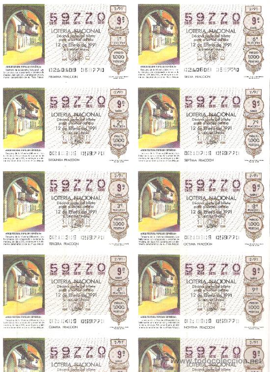 Nationale spanische Lotterie: 1 BILLETE LOTERIA DEL SABADO - 12 ENERO 1991 - 2/91 - BALCONADA EN TARAZONA DE LA MANCHA ( ALBACETE