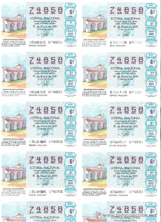 National Spanish Lottery: 1 BILLETE LOTERIA DEL SABADO - 19 ENERO 1991 - 3/91 - CASA RURAL ALICANTINA - ARQUITECTURA ESPA&Ntilde;OLA