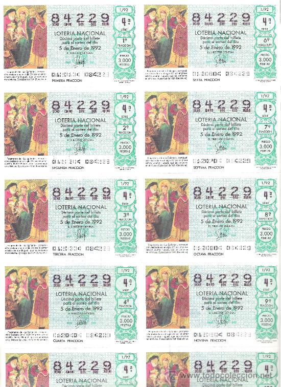 Loter&iacute;a nacional: 1 BILLETE LOTERIA SABADO 5 ENERO 1992 - 1/92 - NI&Ntilde;O - FRAGMENTO EPIFANIA ( MUSEU DE VICH - BARCELONA