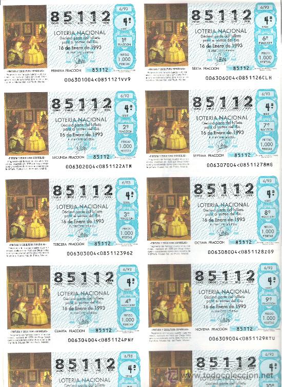 Loter&iacute;a nacional: 1 BILLETE LOTERIA DEL SABADO - 16 ENERO 1993 - 6/93 - LAS MENINAS DE VELAZQUEZ ( EL PRADO - MADRID )