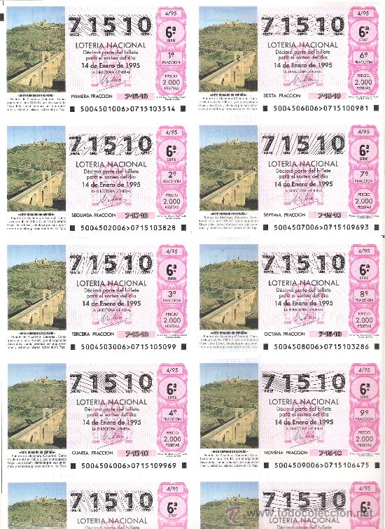 National Spanish Lottery: 1 BILLETE LOTERIA DEL SABADO - 14 ENERO 1995 - 4/95 - PUENTE ROMANO DE ALCANTARA ( CACERES )
