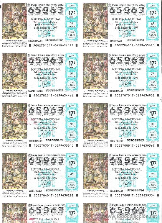 Loter&iacute;a Nacional: 1 BILLETE LOTERIA DEL SABADO - 5 ENERO 1997 - 2/97 - NI&Ntilde;O - RETABLO MAYOR DE LA CATEDRAL DE TOLEDO