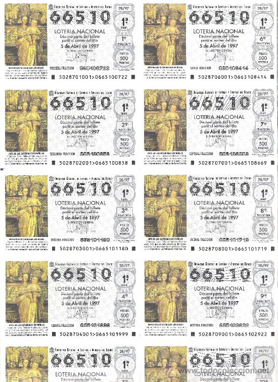 National Spanish Lottery: 1 BILLETE LOTERIA SABADO 5 ABRIL 1997 28/97 VIRGEN DEL CORO CATEDRAL DE LAS PALMAS DE GRAN CANARIAS