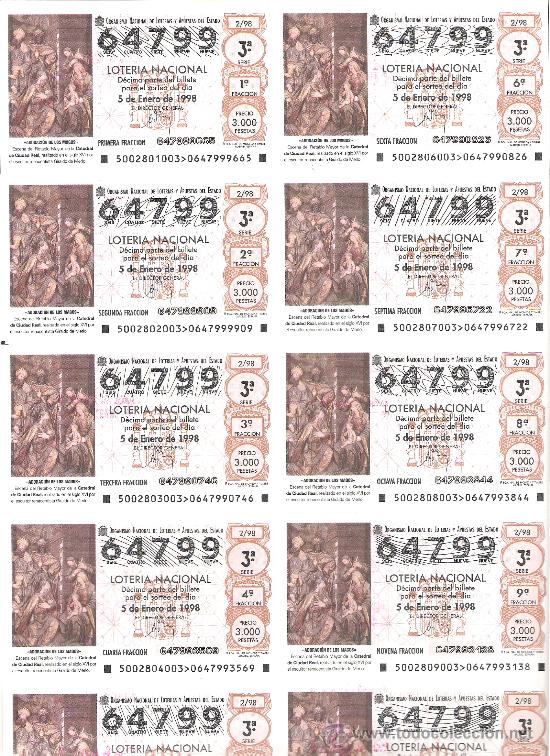 Loterie Nationale: 1 BILLETE LOTERIA DEL SABADO - 5 ENERO 1998 - 2/98 ADORACION DE LOS MAGOS - CATEDRAL DE CIUDAD REAL