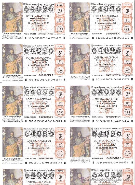 Lotteria Nationale Spagnola: 1 BILLETE LOTERIA DEL SABADO - 21 MARZO 1998 - 24/98 - SAN JOSE CON NI&Ntilde;O - CATEDRAL DE JAEN