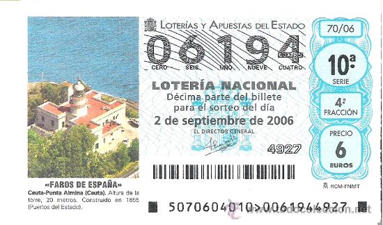 Lotteria Nationale Spagnola: 1 DECIMO LOTERIA DEL SABADO - 2 SEPTIEMBRE 2006 - 70/06 - FAROS DE ESPA&Ntilde;A - PUNTA ALMINA (CEUTA)