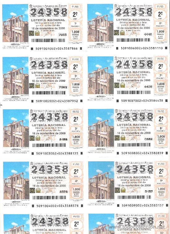 National Spanish Lottery: 1 BILLETE LOTERIA SABADO - 18 NOVIEMBRE 2000 91/00 CENT COFRADIA CRISTO DEL CALVARIO MERIDA (BADAJOZ
