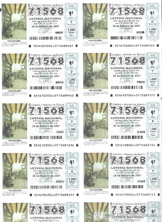 National Spanish Lottery: 1 BILLETE LOTERIA DEL SABADO --24 FEBRERO 2001 - 16/01  MOLINO PARA POLVORA - VILLAFELICHE (ZARAGOZA