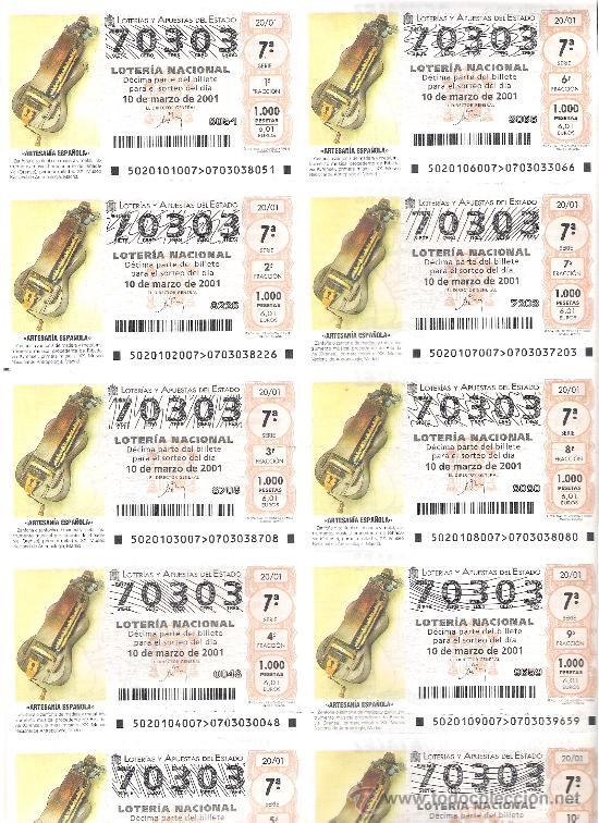 Nationale spanische Lotterie: 1 BILLETE LOTERIA DEL SABADO - 10 MARZO 2001 - 20/01 ARTESANIA ESPA&Ntilde;OLA ZANFO&Ntilde;A - RIBADAVIA ( ORENSE