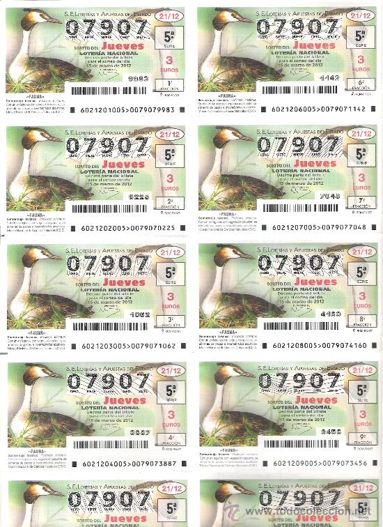 Lotaria Nacional: 1 BILLETE LOTERIA DEL JUEVES - 15 MARZO 2012 - 21/12 - FAUNA - AVES Y PAJAROS - SOMORMUJO LAVANCO