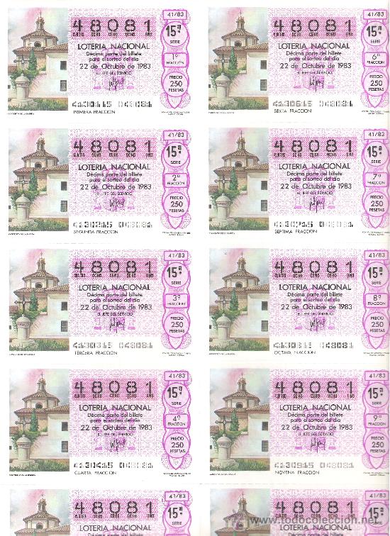 Nationale spanische Lotterie: 1 BILLETE LOTERIA DEL SABADO - 22 OCTUBRE 1983 - 41/83 - CONVENTO DE LA RABIDA ( HUELVA )
