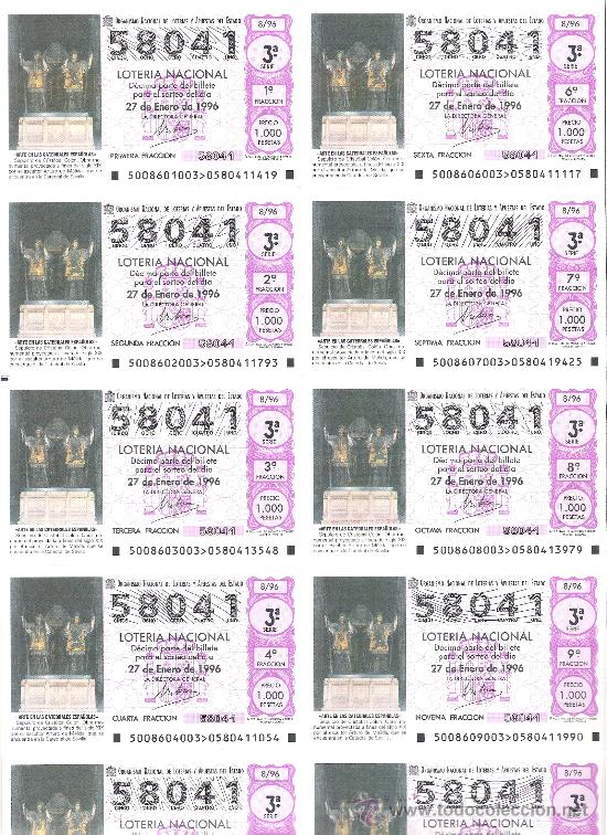 Loter&iacute;a Nacional: 1 BILLETE LOTERIA SABADO 27 ENERO 1996 - 8/96 SEPULCRO O TUMBA CRISTOBAL COLON - CATEDRAL DE SEVILLA