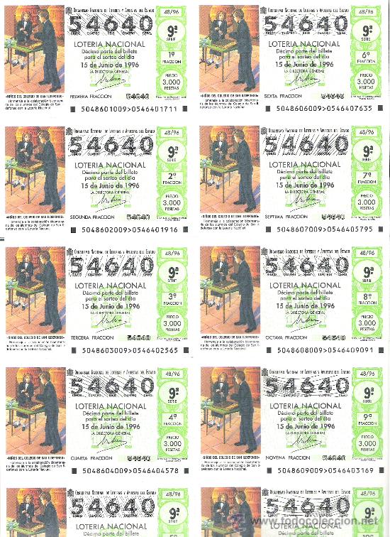 Lotteria Nationale Spagnola: 1 BILLETE LOTERIA DEL SABADO - 15 JUNIO 1996 - 48/96 - NI&Ntilde;OS DEL COLEGIO SAN ILDEFONSO