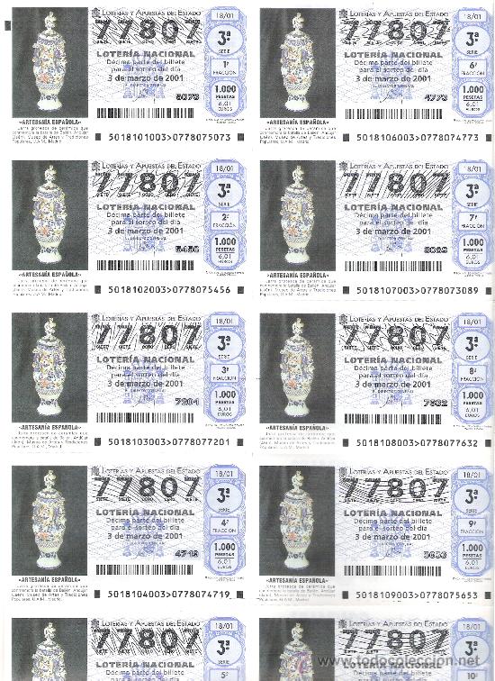 Lotaria Nacional: 1 BILLETE LOTERIA DEL SABADO -- 3 MARZO 2001 - 18/01 ARTESANIA ESPA&Ntilde;OLA - JARRA BATALLA BAILEN JAEN