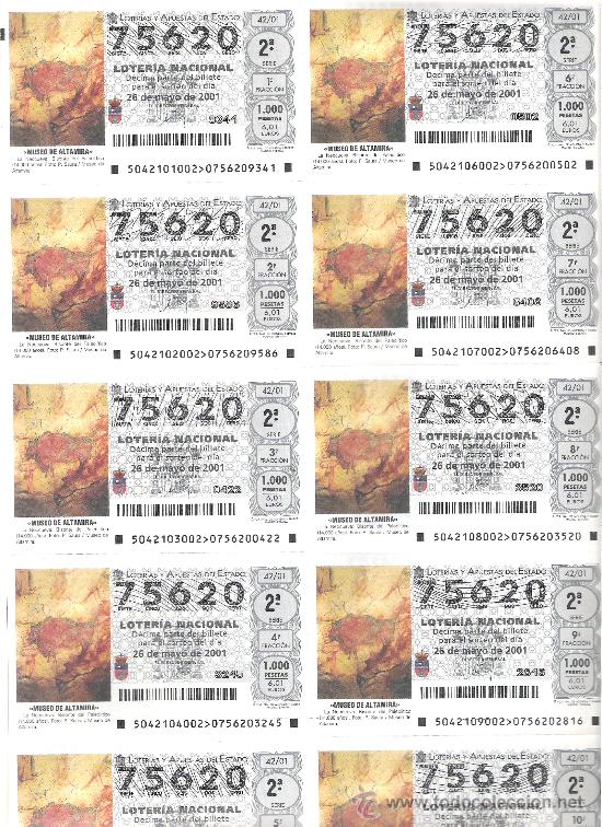 National Spanish Lottery: 1 BILLETE LOTERIA SABADO 26 MAYO 2001 42/01 MUSEO DE ALTAMIRA - BISONTE DEL PALEOLITICO - CANTABRIA