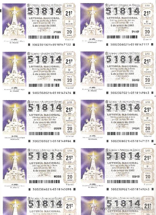 National Spanish Lottery: 1 BILLETE LOTERIA SABADO 6 ENERO 2003 - 2/03 - EL NI&Ntilde;O - MONUMENTO A LOS REYES EN IBI ( ALICANTE )