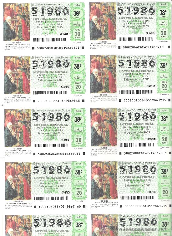 National Spanish Lottery: 1 BILLETE LOTERIA DEL SABADO - 6 ENERO 2005 - 2/05 - NI&Ntilde;O - ADORACION REYES MAGOS -EL PRADO - MADRID