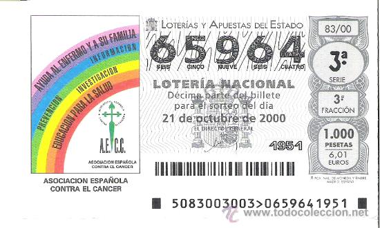 Nationale spanische Lotterie: 1 DECIMO LOTERIA DEL SABADO - 21 OCTUBRE 2000 - 83/00 - ASOCIACION ESPA&Ntilde;OLA CONTRA EL CANCER