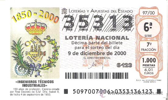 Nationale spanische Lotterie: 1 DECIMO LOTERIA DEL SABADO - 9 DICIEMBRE 2000 - 97/00 - 150 A&Ntilde;OS INGENIEROS TECNICOS INDUSTRIALES