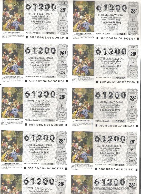 Loter&iacute;a Nacional: 1 BILLETE LOTERIA DEL SABADO - 5 ENERO 1995 - 1/95 - ADORACION REYES - MUSEO PRADO MADRID