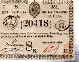 Lotteria Nationale Spagnola: LOTERIA NACIONAL DE CUBA. 21 DE ABRIL DE 1842