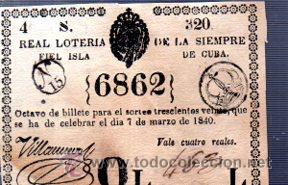 Nationale spanische Lotterie: LOTERIA NACIONAL DE CUBA. 7 MARZO DE 1840