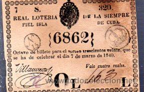 Nationale spanische Lotterie: LOTERIA NACIONAL DE CUBA. 7 MARZO DE 1840