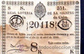 Lotteria Nationale Spagnola: LOTERIA NACIONAL DE CUBA. 21 ABRIL DE 1842