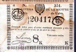 Nationale spanische Lotterie: LOTERIA NACIONAL DE CUBA. 21 DE ABRIL DE 1842