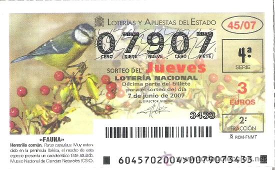Loterie Nationale: 1 DECIMO DE LOTERIA DEL JUEVES - 7 JUNIO 2007 - 45/07 - FAUNA - AVES ( HERRERILLO COMUN )