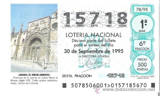 Nationale spanische Lotterie: 1 DECIMO LOTERIA SABADO - 30 SEPTIEMBRE 1995 - 78/95 - STA MARIA LA MAYOR - ARANDA DE DUERO ( BURGOS