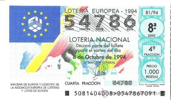 Lotaria Nacional: 1 DECIMO LOTERIA DEL SABADO - 8 OCTUBRE 1994 - 81/94 - LOTERIA EUROPEA