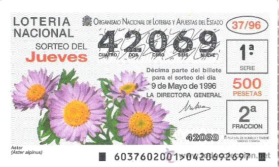 Nationale spanische Lotterie: 1 DECIMO LOTERIA DEL JUEVES - 9 MAYO 1996 - 37/96 - FLORES Y PLANTAS - ASTER