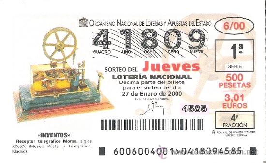 Loterie Nationale: 1 DECIMO LOTERIA DEL JUEVES - 27 ENERO 2000 - 6/00 - INVENTOS - RECEPTOR TELEGRAFICO MORSE
