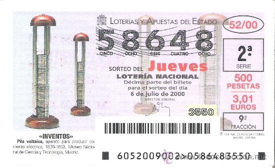 Nationale spanische Lotterie: 1 DECIMO LOTERIA DEL JUEVES - 6 JULIO 2000 - 52/00 - INVENTOS - PILA VOLTAICA