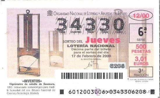 Nationale spanische Lotterie: 1 DECIMO LOTERIA DEL JUEVES - 17 FEBRERO 2000 - 12/00 - INVENTOS - HIGROMETRO DE CABELLO DE SAUSSURE