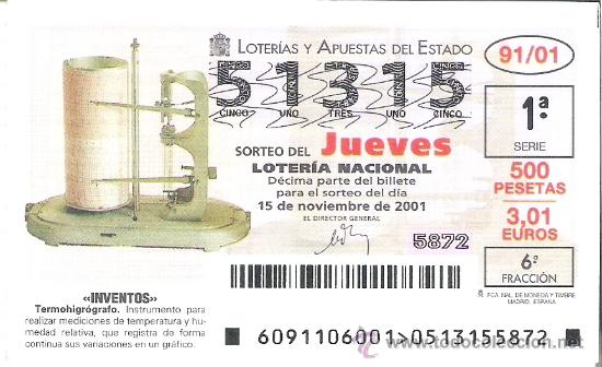 Nationale spanische Lotterie: 1 DECIMO LOTERIA DEL JUEVES - 15 NOVIEMBRE 2001 - 91/01 - INVENTOS - TERMOHIGROGRAFO ( capicua )