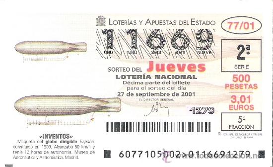 Nationale spanische Lotterie: 1 DECIMO LOTERIA DEL JUEVES - 27 SEPTIEMBRE 2001 - 77/01 - INVENTOS - GLOBO DIRIGIBLE