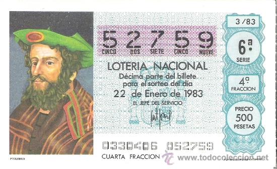 Nationale spanische Lotterie: 1 DECIMO LOTERIA DEL SABADO - 22 ENERO 1983 - 3/83 - PTOLOMEO